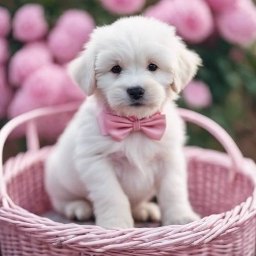 A cute fluffy white puppy wearing a pink bowtie, sitting in a pink open basket.