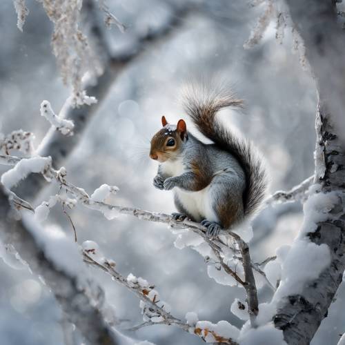 Une scène enneigée où un écureuil gris se niche dans des branches de bouleau argenté.