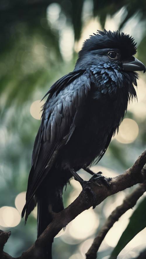 Tropical bird with dark black feathers perched on a tree branch under the moonlight.