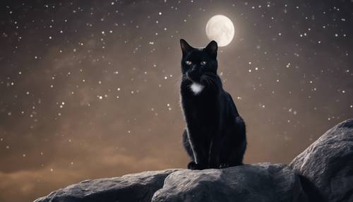 A black cat with white stripes, proud and alert, standing on a boulder in moonlit night.