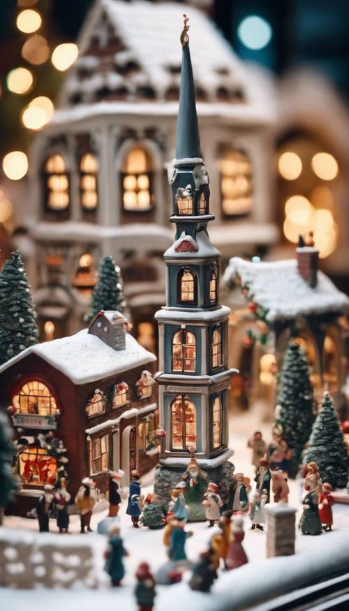 Un hermoso pueblo navideño de porcelana pintado a mano, completo con un ayuntamiento, una panadería, una iglesia y personas en miniatura disfrutando de la temporada festiva.