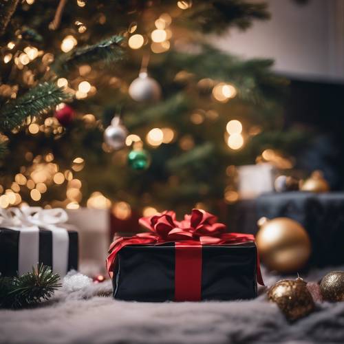 Un regalo de temática preppy en color negro elegantemente envuelto y colocado debajo de un árbol de Navidad.