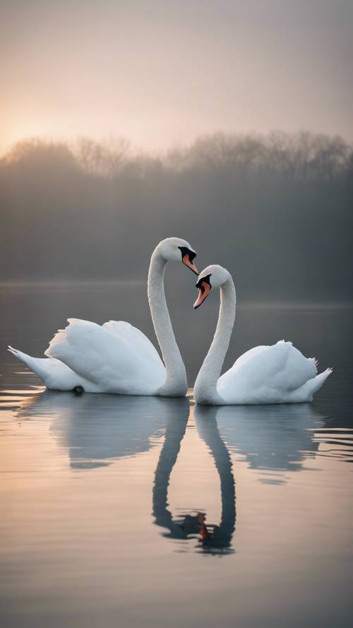 Un par de cisnes blancos nadando con gracia en un lago gris brumoso al amanecer.