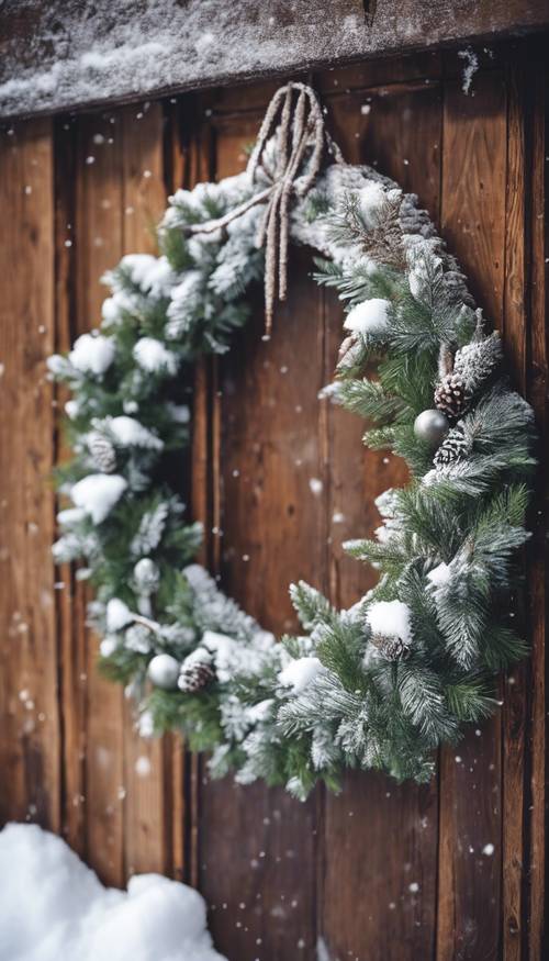 A large, beautifully decorated Christmas wreath hanging on a rustic, wooden door covered in fresh snow.