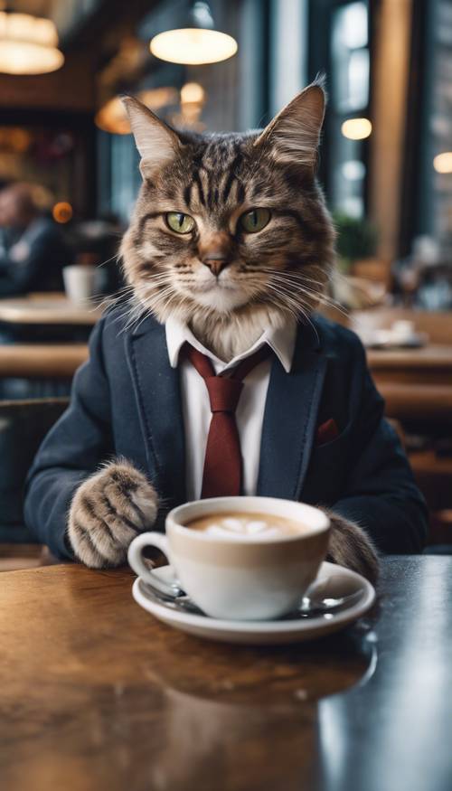 A imagem de um gato formal em uma cafeteria, vestindo um blazer casual elegante enquanto toma uma xícara de cappuccino.