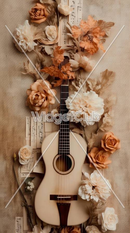 Piękna gitara i kwiaty w tle muzycznym