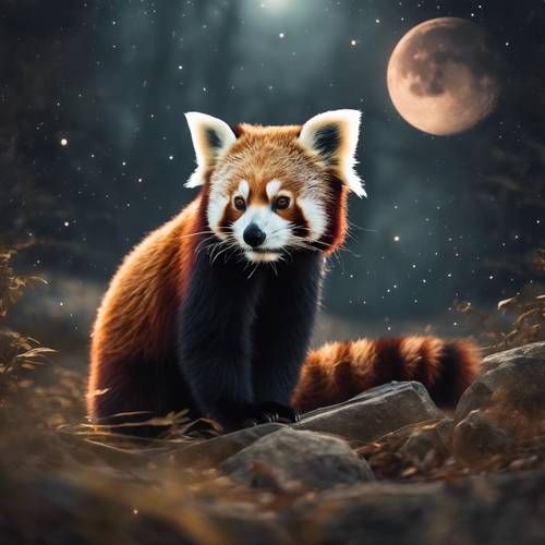 Imagen surrealista de un panda rojo con ojos brillantes bajo la apariencia de una luna mística.