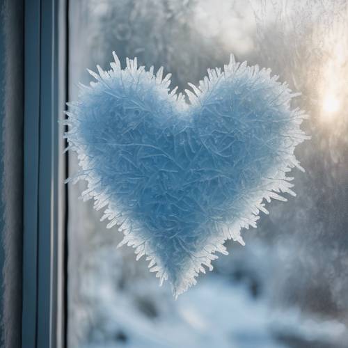 La brina forma un cuore blu su una fredda finestra invernale.
