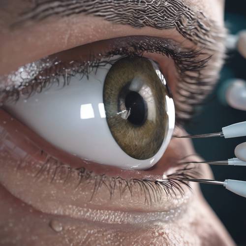 Szczegółowy portret stalowo skupionego oka chirurga podczas delikatnej operacji.