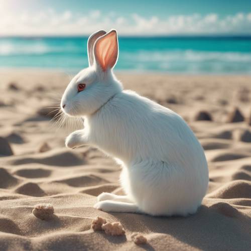 Ein einsames weißes Kaninchen sitzt an einem Sandstrand und blickt auf das türkisfarbene Meer.