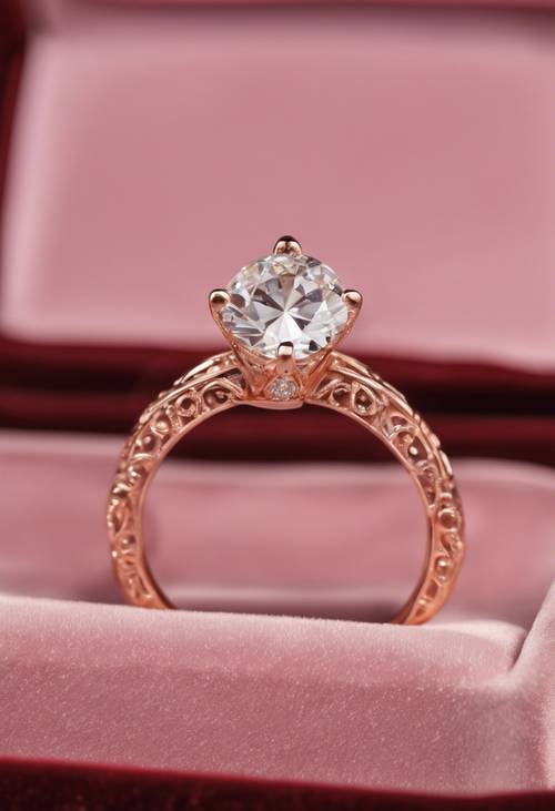반짝이는 다이아몬드 솔리테어가 세팅된 로즈 골드 결혼반지가 벨벳 상자 안에 들어있습니다.