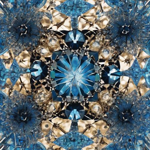 A kaleidoscope view of blue, geometric crystals in an array of intricate patterns.