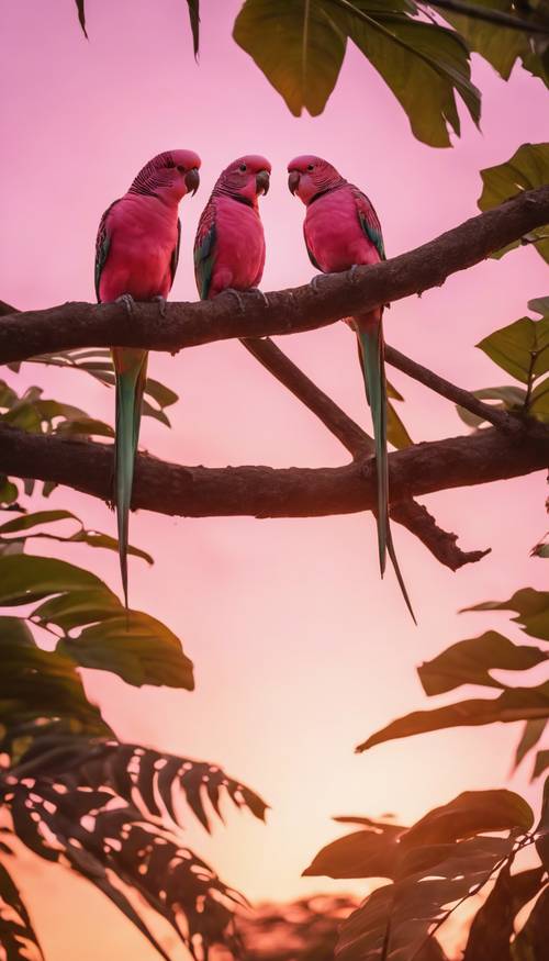 A vibrant pink jungle under a brilliant tangerine sunset, with twin parakeets perched on a leafy branch.