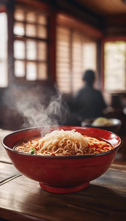 Geleneksel bir Japon ahşap restoranında dumanı tüten kırmızı bir kase baharatlı ramen.