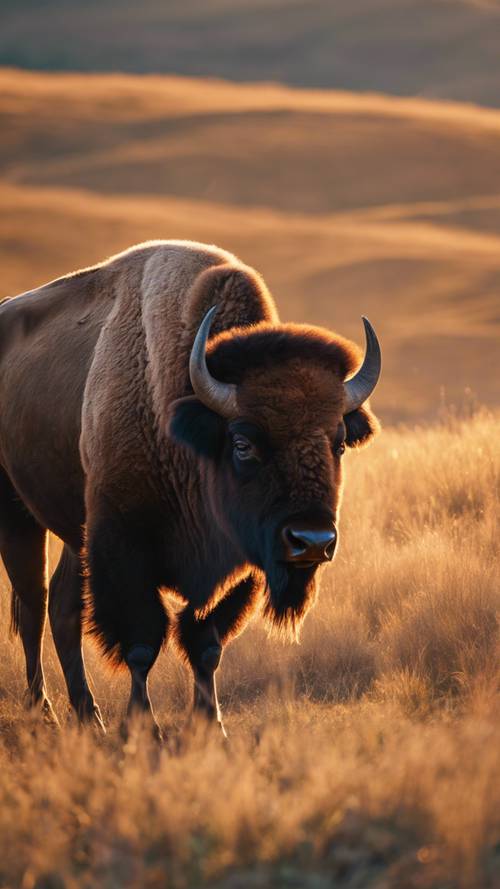 A lone bison standing majestically on a grassy hill during the golden hour.