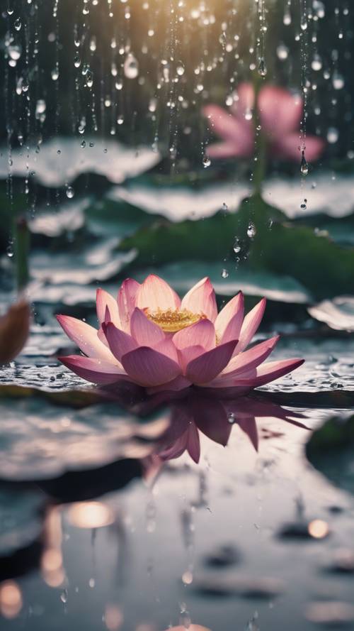 Krople deszczu spadające na staw lotosu, każda kropla tworzy drobne zmarszczki na wodzie. Tapeta [a7460ade233247e4b467]