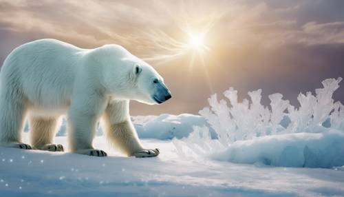 Art fantastique d&#39;un ours polaire aux ailes faites de cristaux de glace scintillants, planant au-dessus d&#39;un paysage enneigé éclairé par une aurore boréale.