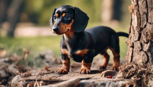 A standoff between a dachshund puppy and a ladybug on a tree stump. Tapet [8fee703fb3564349a41d]