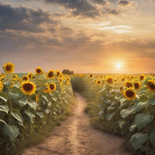 A serene country path lined with tall sunflowers under a soft sunrise.