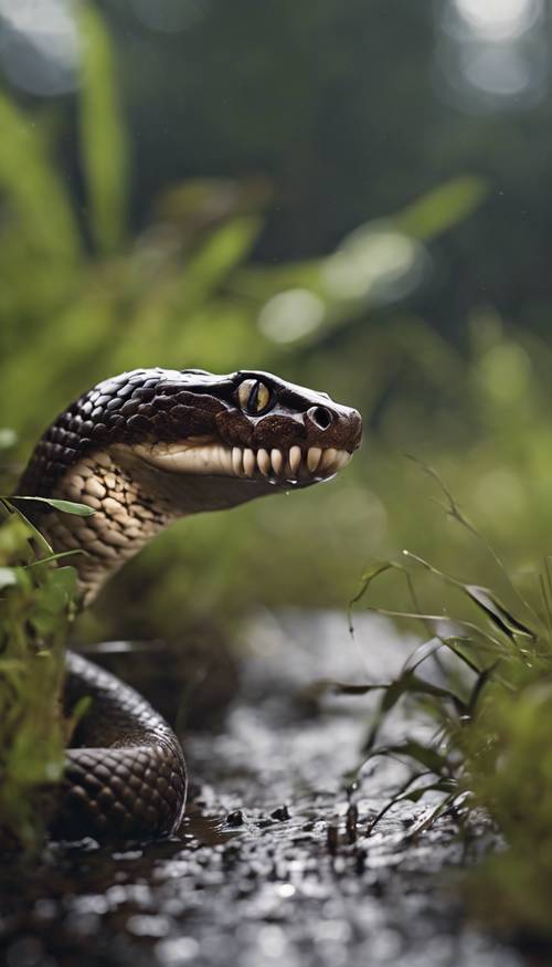 Un serpente mocassino acquatico che sibila per segnalare una minaccia su un terreno paludoso e umido.