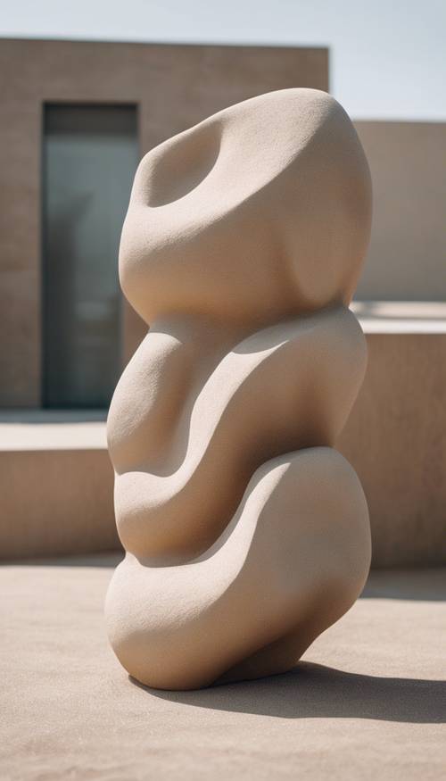 一幅光滑、抽象的砂岩雕塑的極簡主義照片，沐浴在柔和的自然光中。