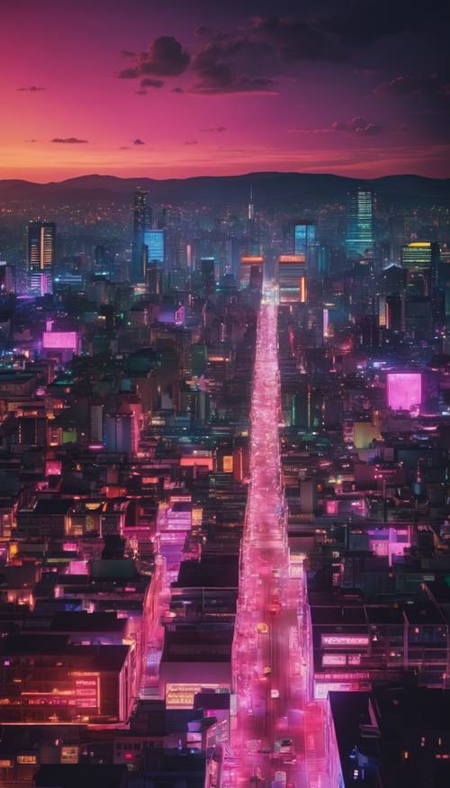 A vivid landscape of a neon-lit city at night in the 80s
