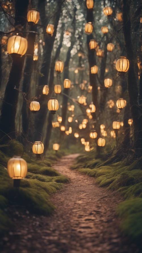 Un viejo sendero olvidado que serpentea a través de un bosque encantado, iluminado por el brillo suave y etéreo de linternas mágicas.
