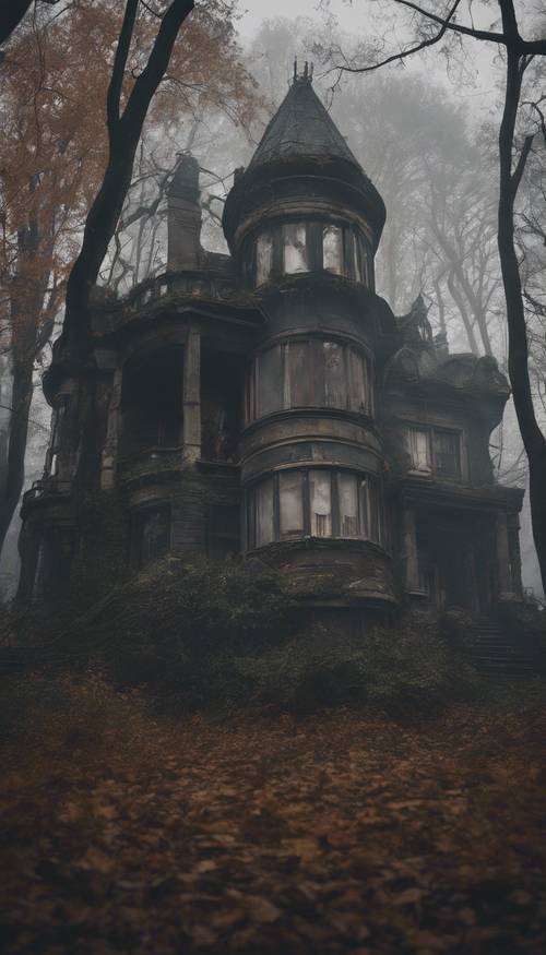 A large, decrepit, looming mansion nestled in a forest, everything shrouded in a thick, dark fog. Ფონი [0f89115d3ce64849bd7a]