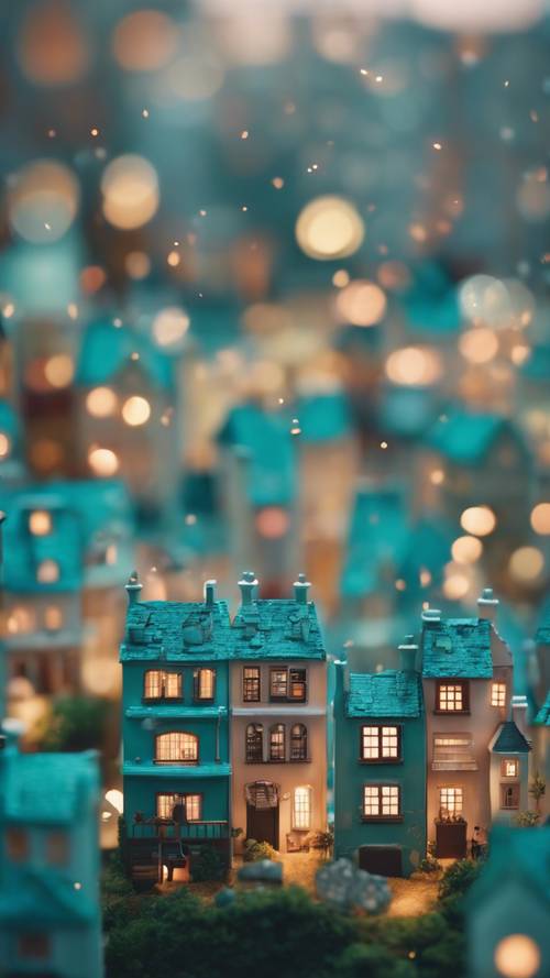Uma cena animada de uma paisagem urbana Kawaii em miniatura em cor azul-petróleo, com prédios minúsculos e sorridentes adornados com lindos rostos antropomórficos.