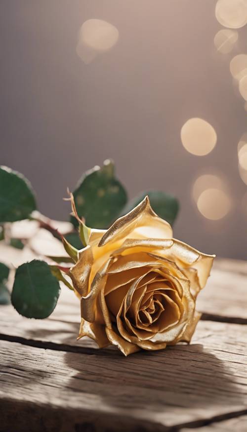 Una sola rosa dorada colocada delicadamente sobre una mesa de madera antigua