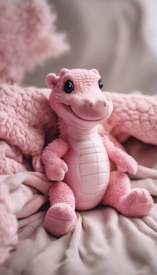 Un bébé crocodile rose assis sur une couverture douce avec un animal en peluche.