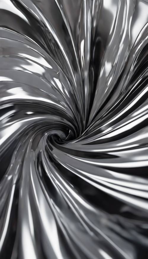 Sztuka abstrakcyjna obejmująca szare, srebrne i czarne metaliczne gradienty wirujące razem.