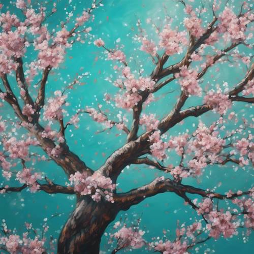 Lukisan pohon sakura berwarna biru kehijauan yang sedang mekar penuh.