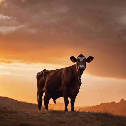 Eine braune Kuh steht bei Sonnenaufgang auf einem kleinen Hügel, ihre Silhouette kontrastiert mit dem orangefarbenen Himmel.