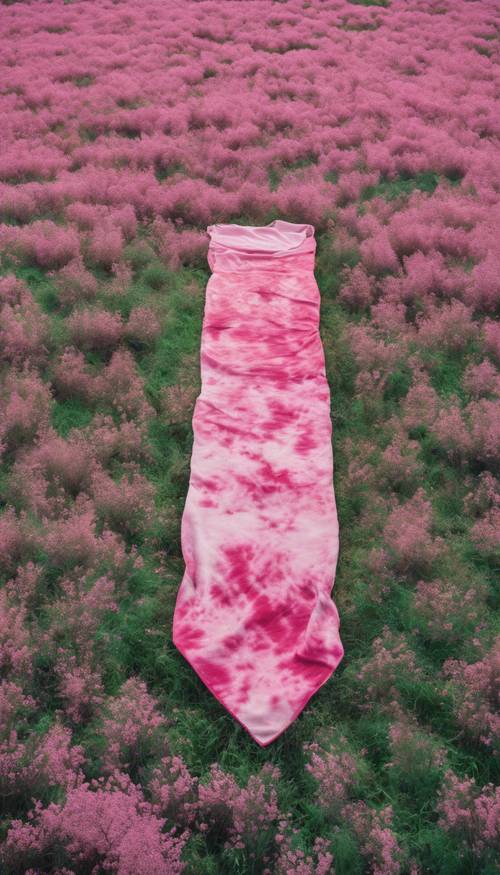A shot from above of a pink tie-dye picnic blanket spread out in a green field.