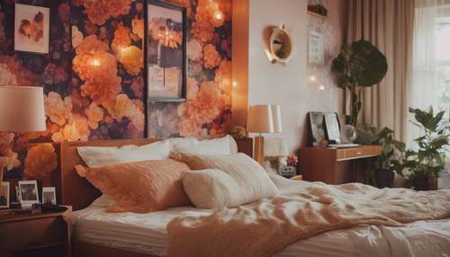 A serene 70s styled bedroom with a canopy bed, flowery wallpapers, polaroid pictures, and lava lamps.