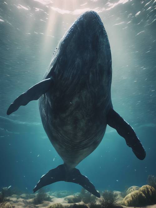 Hiperrealistyczna animacja starożytnego gatunku wieloryba pływającego w jego prehistorycznym środowisku.