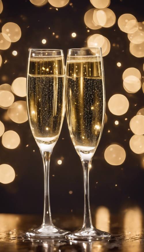 Two champagne flutes clinked together against a backdrop of sparkling fairy lights. Ფონი [edf08ad431b44513a668]