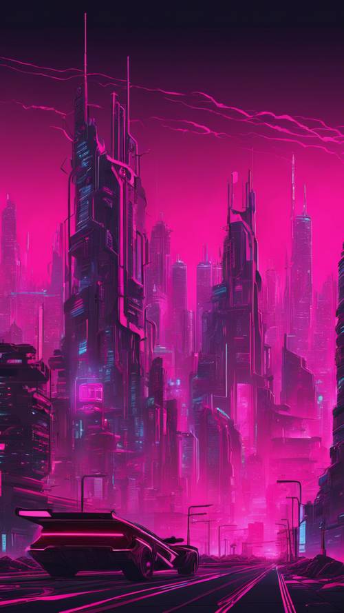 Un horizonte futurista iluminado en tonos rosa neón, representativo de una ciudad cyberpunk.