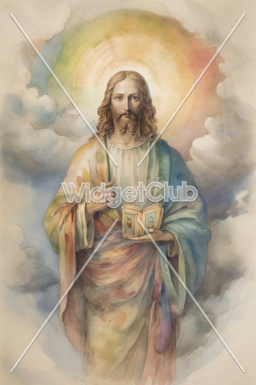 Brillante y colorido retrato de Jesús con un halo sosteniendo un libro