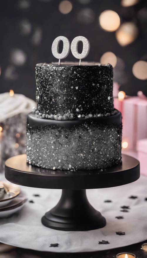 검정색과 은색 반짝이로 장식된 생일 케이크입니다.