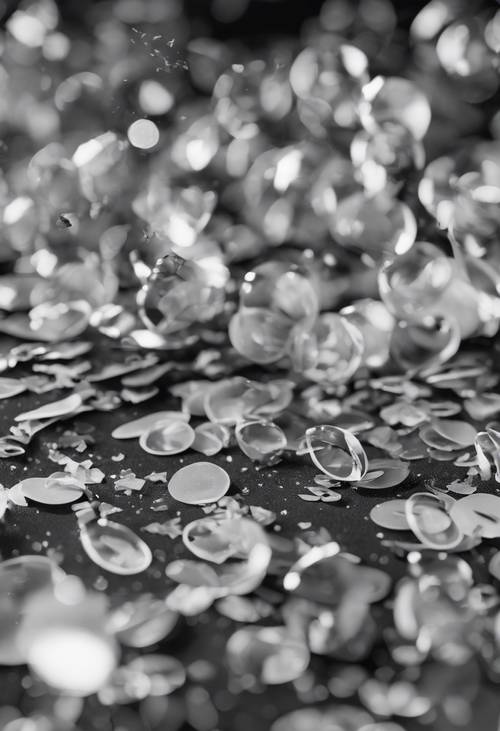 A black and white still life image of confetti frozen mid-air during a carnival celebration.