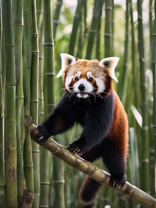 Una foto sincera de un panda rojo en medio de un salto entre tallos de bambú.