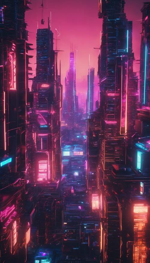 Темный футуристический городской пейзаж, освещенный многочисленными геометрическими неоновыми огнями. Обои [09b5114ea53b404d9e36]