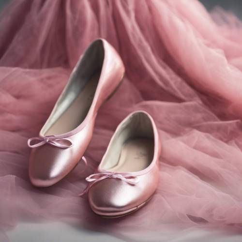 Une paire de ballerines brillantes à côté d’une jupe de ballet en tulle rose.