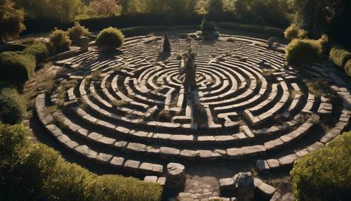 Im Herzen eines großen, dunklen Gartens erhebt sich ein altes Steinlabyrinth, das im Mondlicht lange Schatten wirft.