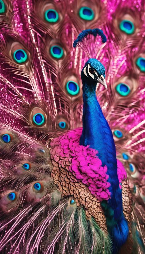 A stunning hot pink peacock displaying its feathers proudly, surrounded by an enchanting aura. Tapeta [51e65dec8dfa4031936f]