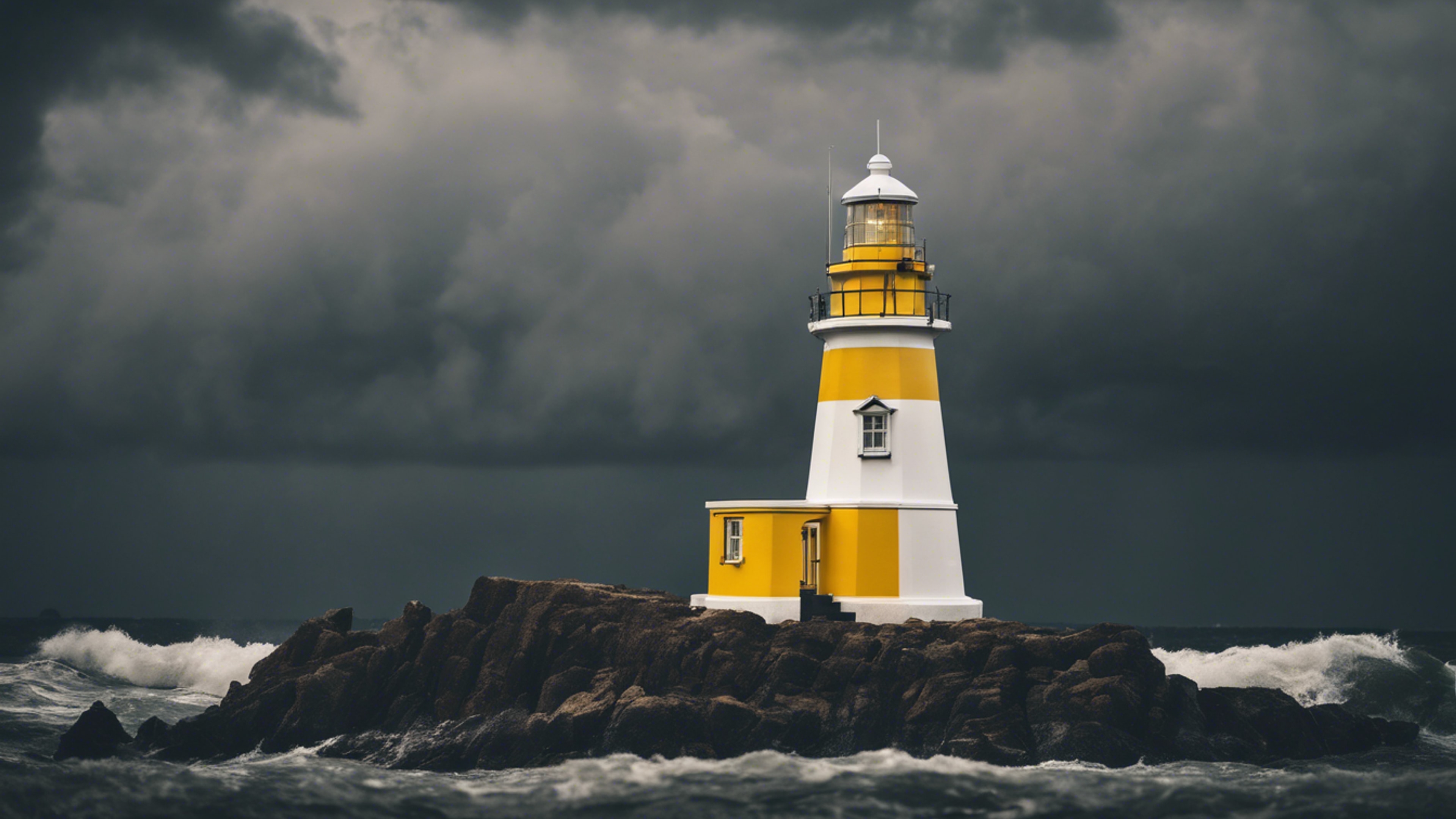 A white and yellow striped lighthouse standing tall against a stormy dark sky. Tapeta[29fc73b96f634852baf9]