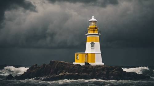 A white and yellow striped lighthouse standing tall against a stormy dark sky.
