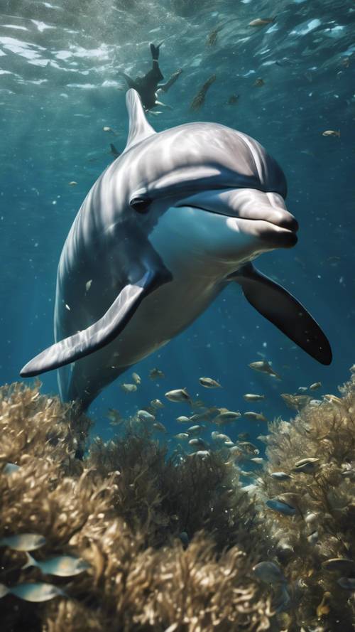 A majestic dolphin darting through a thick school of fish while hunting in the heart of an underwater kelp forest.